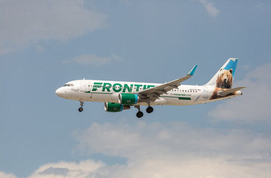 Chicago, USA - August 7, 2020: Frontier Airlines Airbus A320 with the Grizwald the bear livery approaching O'Hare International Airport.