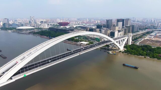 Aerial view of Lupu bridge in Shanghai China. Drone shot footage 4k(UHD).