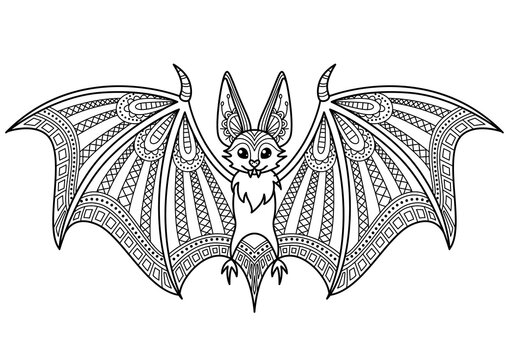 Halloween bat doodle coloring book page. Antistress for adult