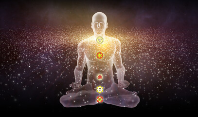 Silhouette with Hindu Chakras on a galaxy