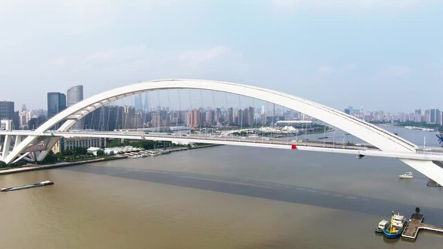 Aerial view of Lupu bridge in Shanghai China. Drone shot footage 4k(UHD).