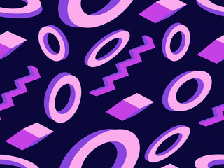 Memphis seamless pattern with geometric shapes in style of the 80s. 3d isometric geometric abstract background. Background for promotional products, wrapping paper and printing. Vector illustration