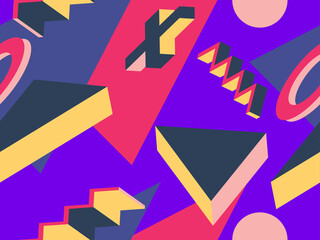 Memphis seamless pattern with geometric shapes in style of the 80s. 3d isometric geometric abstract background. Background for promotional products, wrapping paper and printing. Vector illustration