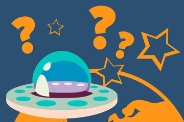 Ufo illustration. Ufo floating up above the Earth. Abstract blue and orange coloured concept illustration. 