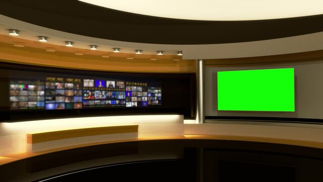 Tv Studio. Yellow studio. Backdrop for TV shows .TV on wall. News studio. The perfect backdrop for any green screen or chroma key video or photo production. 3D rendering.