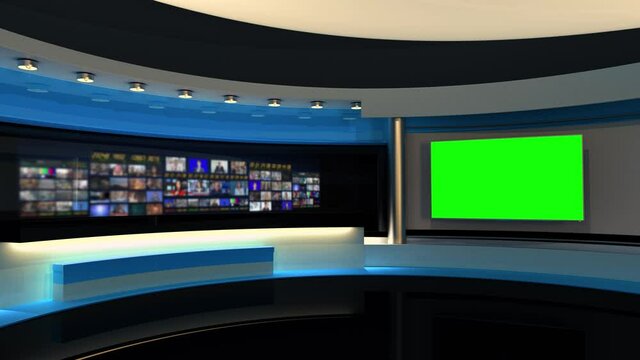 Tv Studio. Blue studio. Backdrop for TV shows .TV on wall. News studio. The perfect backdrop for any green screen or chroma key video or photo production. 3D rendering