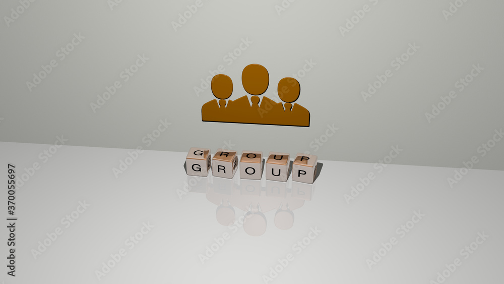 Poster 3d graphical image of group vertically along with text built by metallic cubic letters from the top 