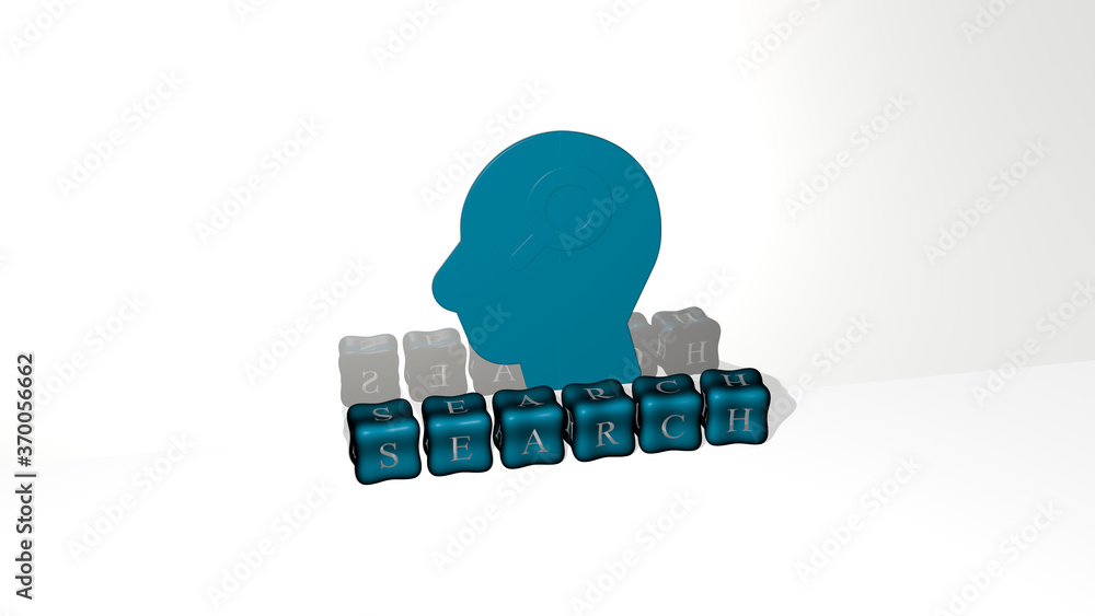 Poster 3d representation of search with icon on the wall and text arranged by metallic cubic letters on a m
