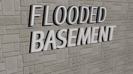 3D graphical image of FLOODED BASEMENT vertically along with text built by metallic cubic letters from the top perspective, excellent for the concept presentation and slideshows. water and river