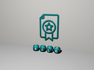 3D graphical image of FILE vertically along with text built by metallic cubic letters from the top...