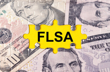 Fototapeta premium Puzzle with the image of dollars in the center of the inscription -FLSA