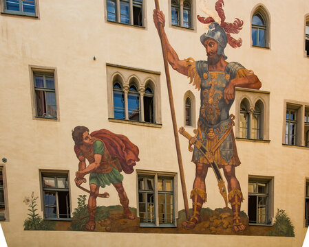 Regansburg, Germany - 7/8/2013:  An outdoor painting of David and Goliath in Regansburg, Germany