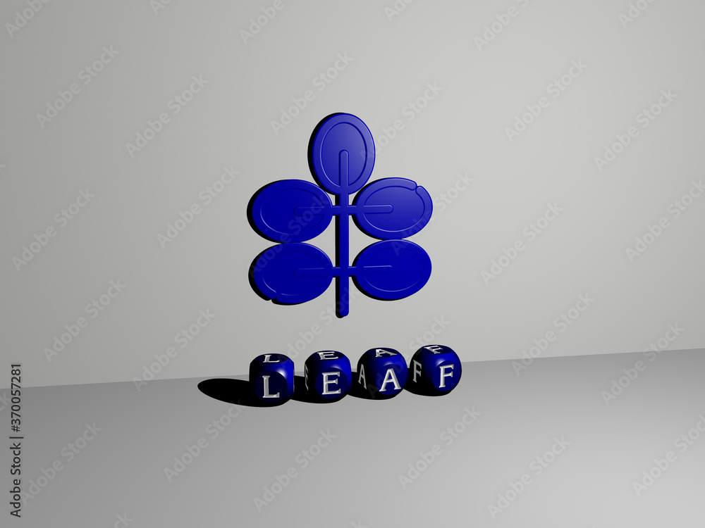 Poster 3d representation of leaf with icon on the wall and text arranged by metallic cubic letters on a mir