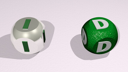 crosswords of ID arranged by cubic letters on a mirror floor, concept meaning and presentation