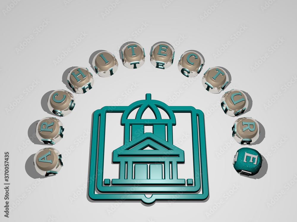 Poster 3d illustration of architecture graphics and text around the icon made by metallic dice letters for 