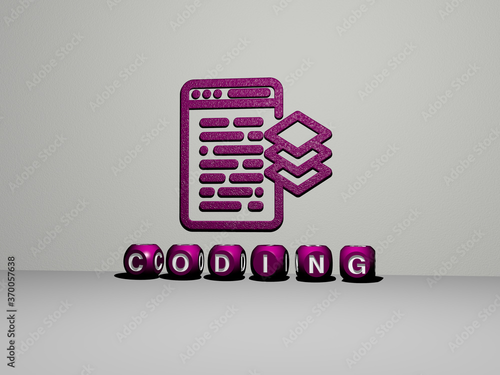 Fototapete 3d illustration of coding graphics and text made by metallic dice letters for the related meanings o