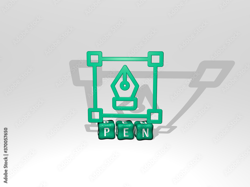 Poster 3d graphical image of pen vertically along with text built by metallic cubic letters from the top pe