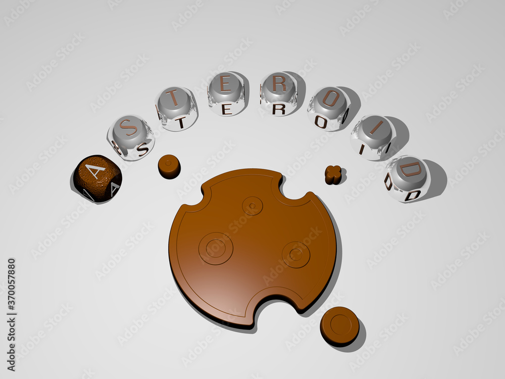 Poster 3d illustration of asteroid graphics and text around the icon made by metallic dice letters for the 