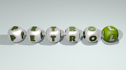 crosswords of PETROL arranged by cubic letters on a mirror floor, concept meaning and presentation. fuel and oil