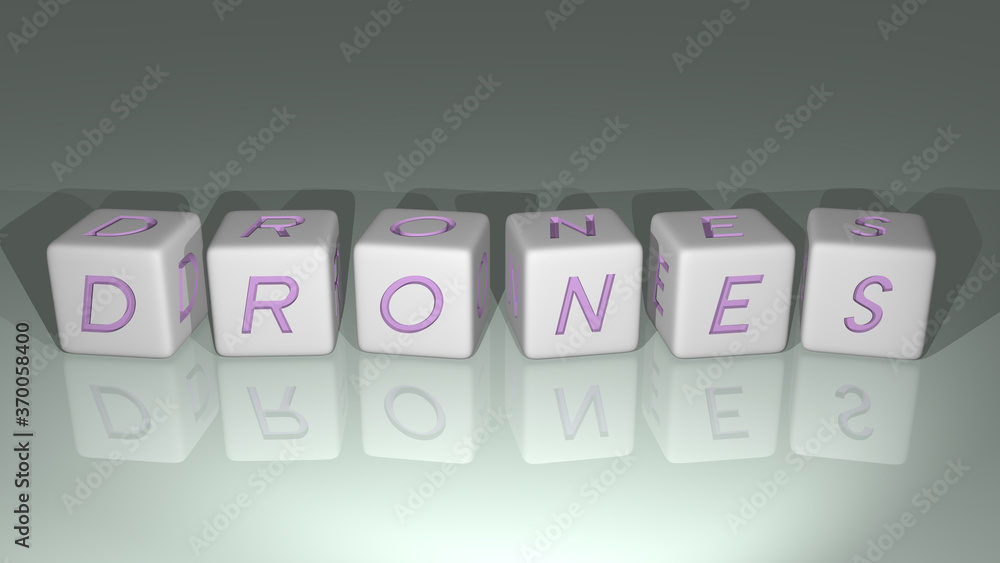 Poster alphabetic drones arranged by cubic letters on a mirror floor, concept meaning and presentation in 3