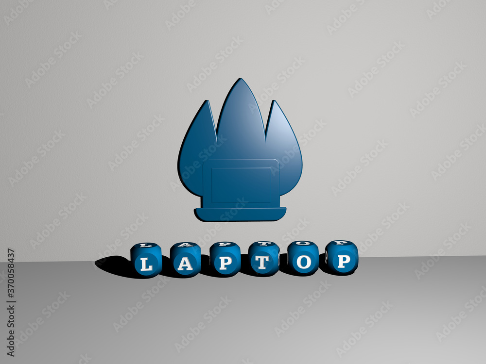 Poster 3d representation of laptop with icon on the wall and text arranged by metallic cubic letters on a m