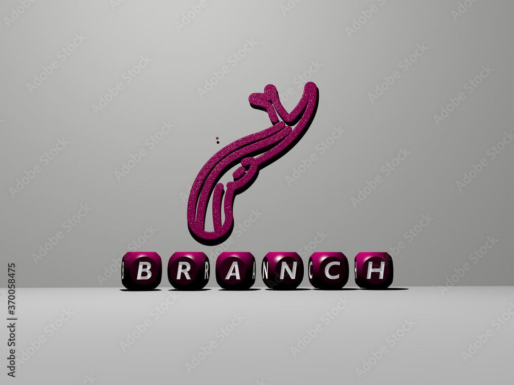 Poster 3d representation of branch with icon on the wall and text arranged by metallic cubic letters on a m
