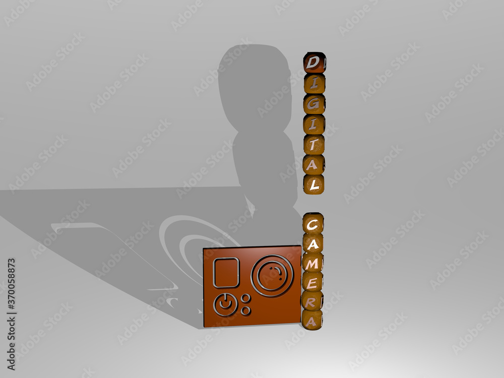 Poster 3d graphical image of digital camera vertically along with text built around the icon by metallic cu
