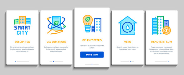 Smart City Technology Onboarding Mobile App Page Screen Vector. Smart City Tool Traffic Lights And Drone Delivery, Solar Battery And Eco Energy Plant Illustrations