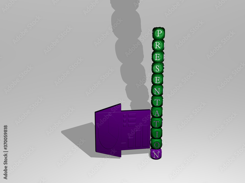 Poster 3d representation of presentation with icon on the wall and text arranged by metallic cubic letters 