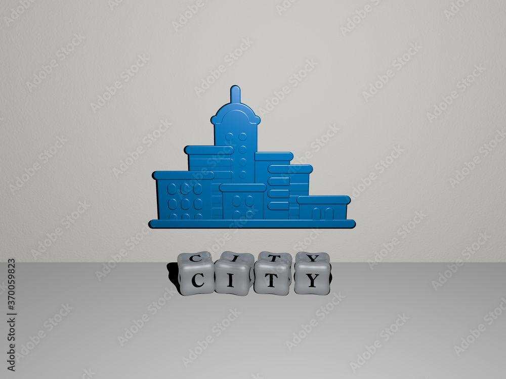 Poster 3d representation of city with icon on the wall and text arranged by metallic cubic letters on a mir