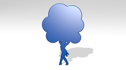 girl with balloons stand with shadow. 3D illustration of metallic sculpture over a white background with mild texture. beautiful and woman