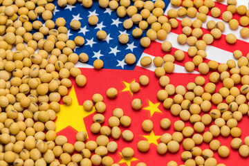 Flags of China and United States of America covered in soybeans. Concept of Chinese and American...