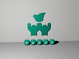 3D illustration of PEACE graphics and text made by metallic dice letters for the related meanings of the concept and presentations. background and beautiful