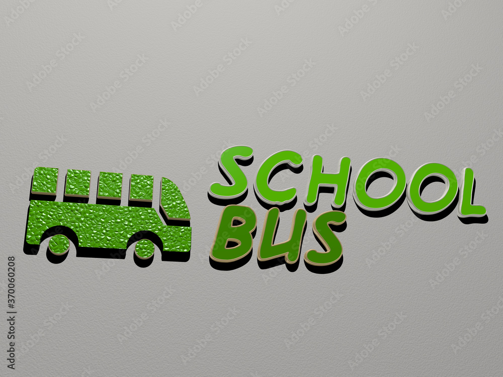 Poster 3d graphical image of school bus vertically along with text built by metallic cubic letters from the