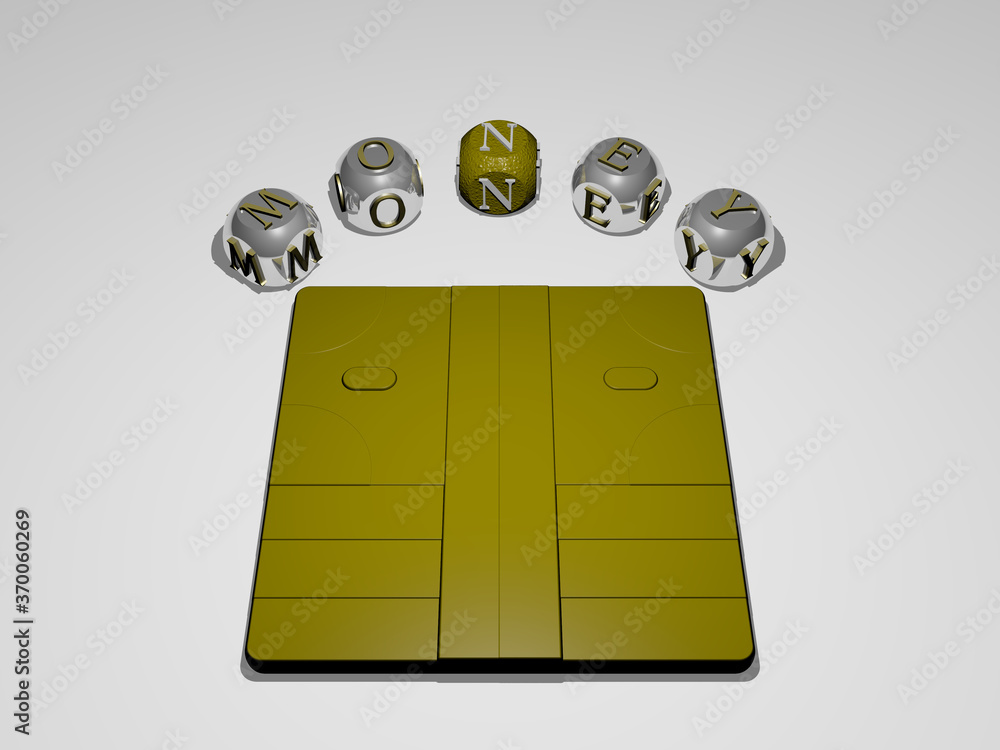 Poster 3d representation of money with icon on the wall and text arranged by metallic cubic letters on a mi
