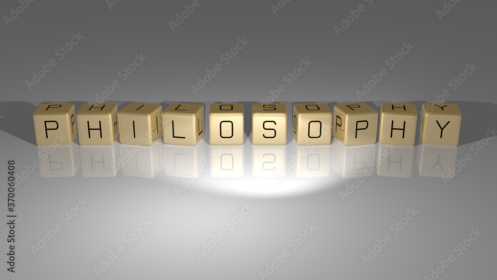 Poster 3d illustration of philosophy graphics and text made by metallic dice letters for the related meanin