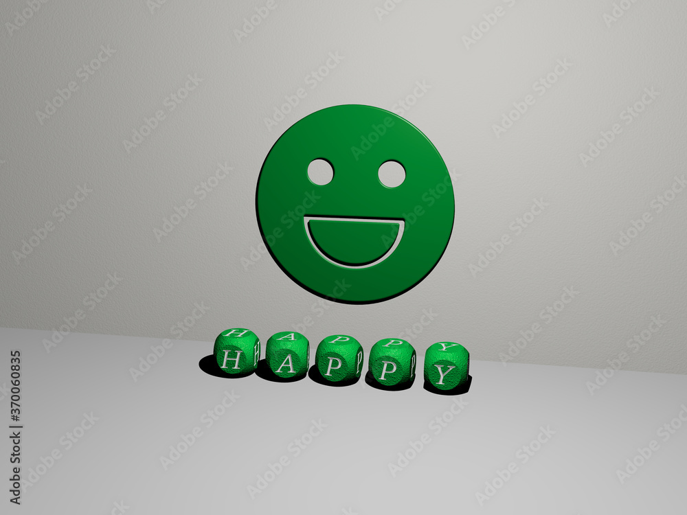 Poster 3d graphical image of happy vertically along with text built by metallic cubic letters from the top 