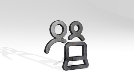 MULTIPLE ACTIONS LAPTOP made by 3D illustration of a shiny metallic sculpture casting shadow on light background. abstract and blue