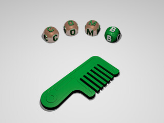 3D illustration of comb graphics and text around the icon made by metallic dice letters for the related meanings of the concept and presentations. background and hair