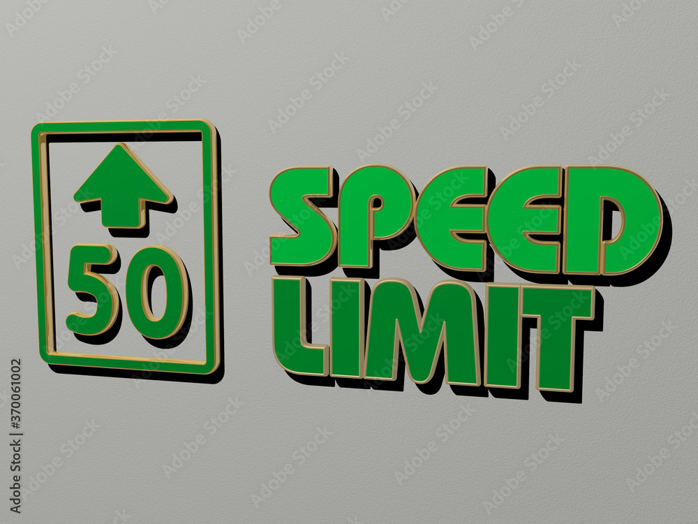 Poster 3d representation of speed limit with icon on the wall and text arranged by metallic cubic letters o
