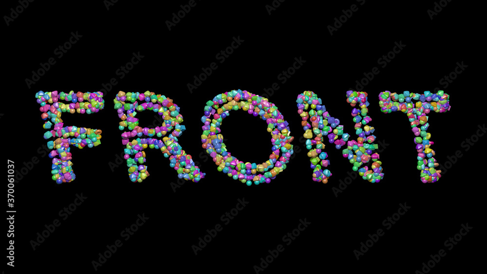 Poster colorful 3d writing of front text with small objects over a dark background and matching shadow. ill