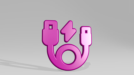 charging cable made by 3D illustration of a shiny metallic sculpture with the shadow on light background. battery and electric