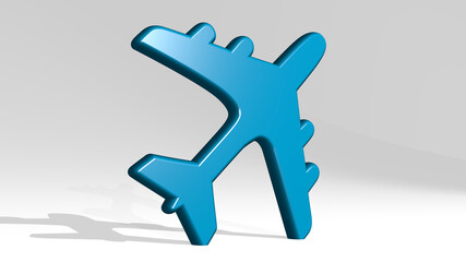 flying aeroplane stand with shadow. 3D illustration of metallic sculpture over a white background with mild texture. blue and air