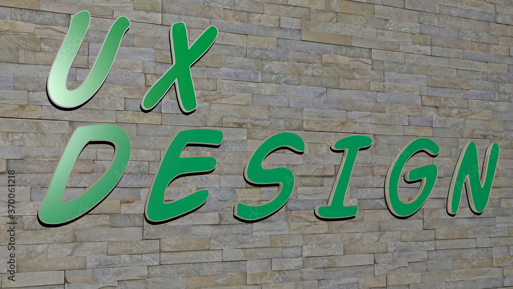Poster 3d graphical image of ux design vertically along with text built by metallic cubic letters from the 