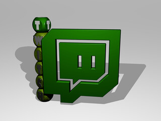 3D illustration of twitch graphics and text around the icon made by metallic dice letters for the related meanings of the concept and presentations