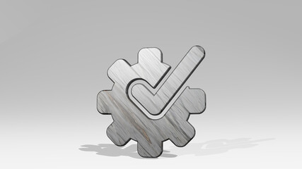 Obraz premium COG APPROVED made by 3D illustration of a shiny metallic sculpture casting shadow on light background. gear and cogwheel
