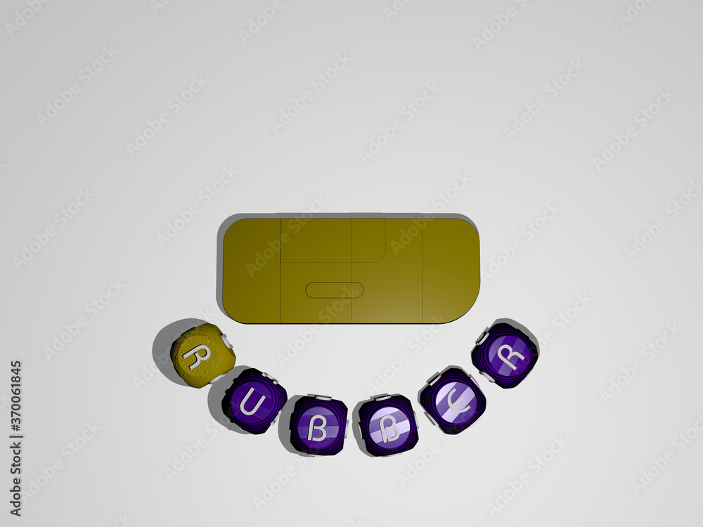 Poster 3d graphical image of rubber vertically along with text built around the icon by metallic cubic lett