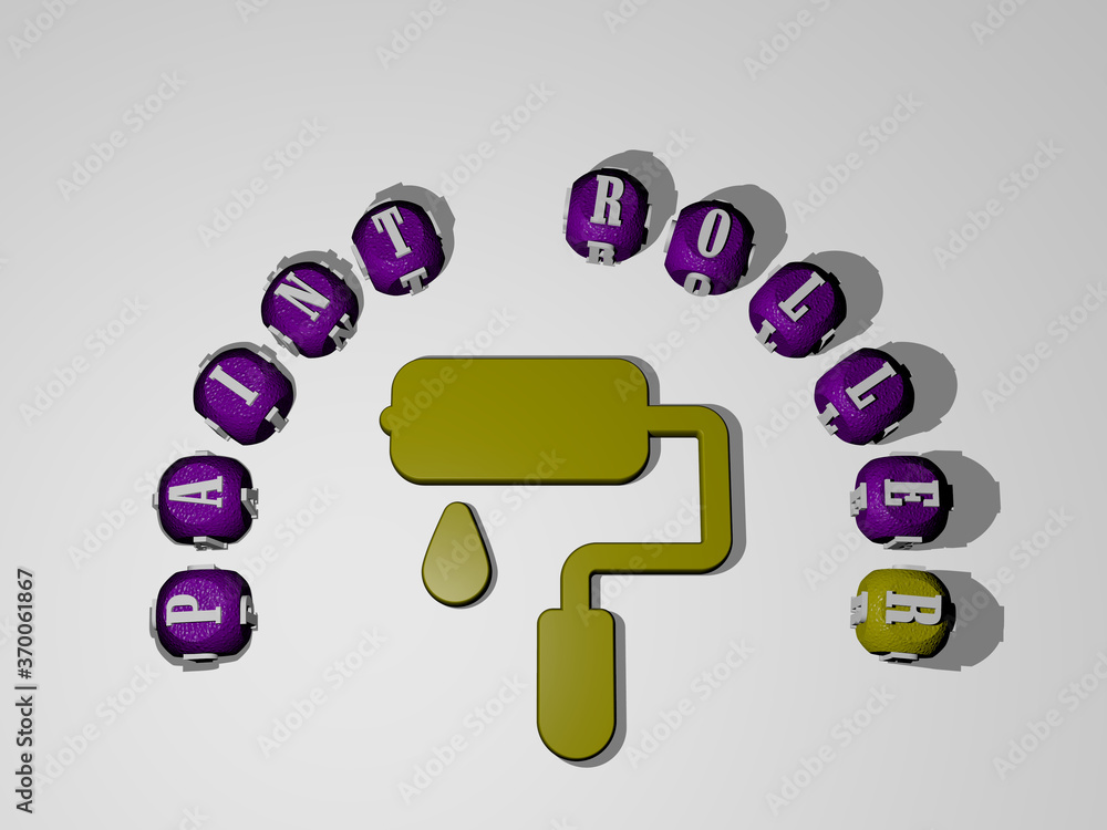 Poster 3d graphical image of paint roller vertically along with text built around the icon by metallic cubi