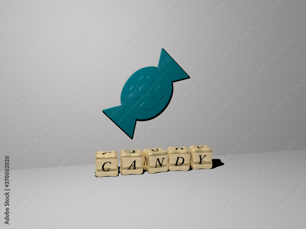 Aufkleber 3d graphical image of candy vertically along with text built by metallic cubic letters from the top 