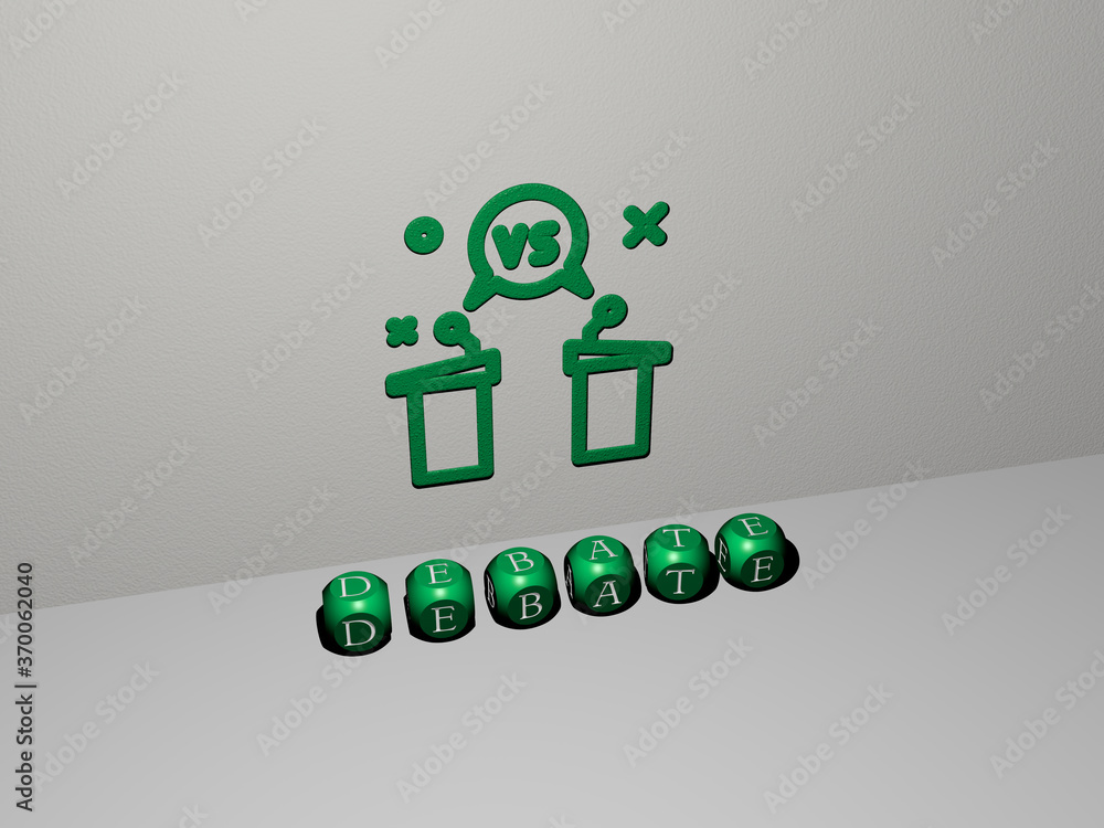 Poster 3d graphical image of debate vertically along with text built by metallic cubic letters from the top